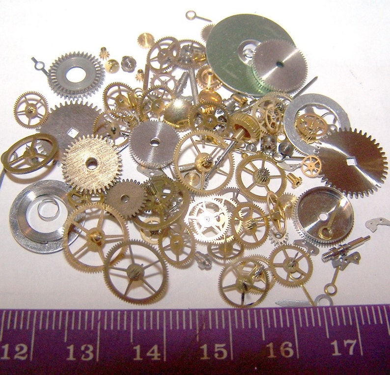 steampunk watch parts, vintage watch pieces, watch gears, watch wheels, watch hands, watch part lot, steampunk supplies, steam punk pieces, image 2