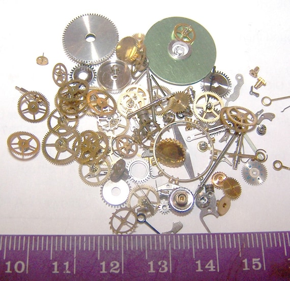 Steampunk Watch Parts - 150 Plus Pieces of Teeny Tiny Vintage Gears, Cogs, Wheels, Hands, Crowns, Stems, etc.