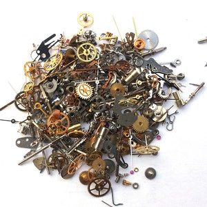 Steampunk Watch Pieces and Parts 300 plus pieces of TEENY TINY VINTAGE gears, cogs, wheels, hands, crowns, stems, etc. image 1
