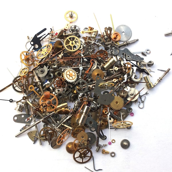 Orologio di Steampunk parti - 300 più pezzi di TEENY TINY VINTAGE ingranaggi, ruote dentate, ruote, mani, corone, steli, ecc.