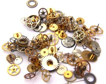 Steampunk-klockdelar och delar - 100 små blandade vintage-klockdrev, kugghjul och hjul