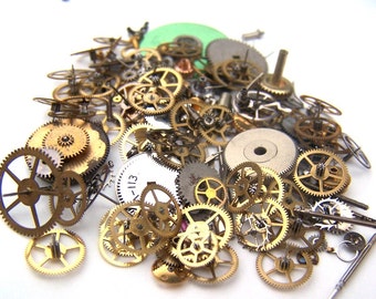 Steampunk Watch Pieces and Parts - 150 plus pieces of VINTAGE gears, cogs, wheels, hands, crowns, stems, etc.