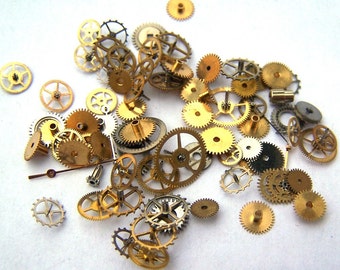 Steampunk-klockdelar och delar - 75 små vintage blandade klockdrev, kugghjul