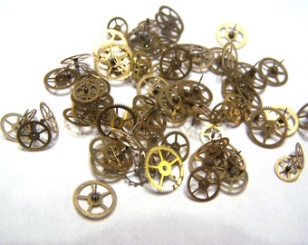 Steampunk Watch Pieces and Parts - 100 small to medium vintage brass watch gears Cogs Wheels