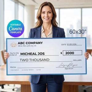 Puede incluir: Un cheque gigante rectangular de 60x30 pulgadas con borde azul. El cheque incluye el texto ABC COMPANY, la fecha 01-09-2026, el beneficiario MICHEAL JOS, la cantidad 2000, la cantidad escrita TWO THOUSAND y una línea para la firma.