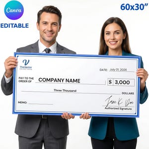 Plantilla de Canva para cheque extragrande de 60 x 30 pulgadas / Perfecta para eventos benéficos de recaudación de fondos, cheque minimalista editable (descarga digital)