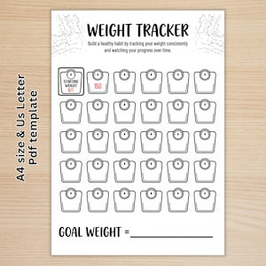 May include: A white paper weight tracker template with black text reading WEIGHT TRACKER and A4 size & US Letter Pdf template. It features a grid of thirty empty scale icons, with the first two filled in with text 6/1 and 150, and a GOAL WEIGHT line.