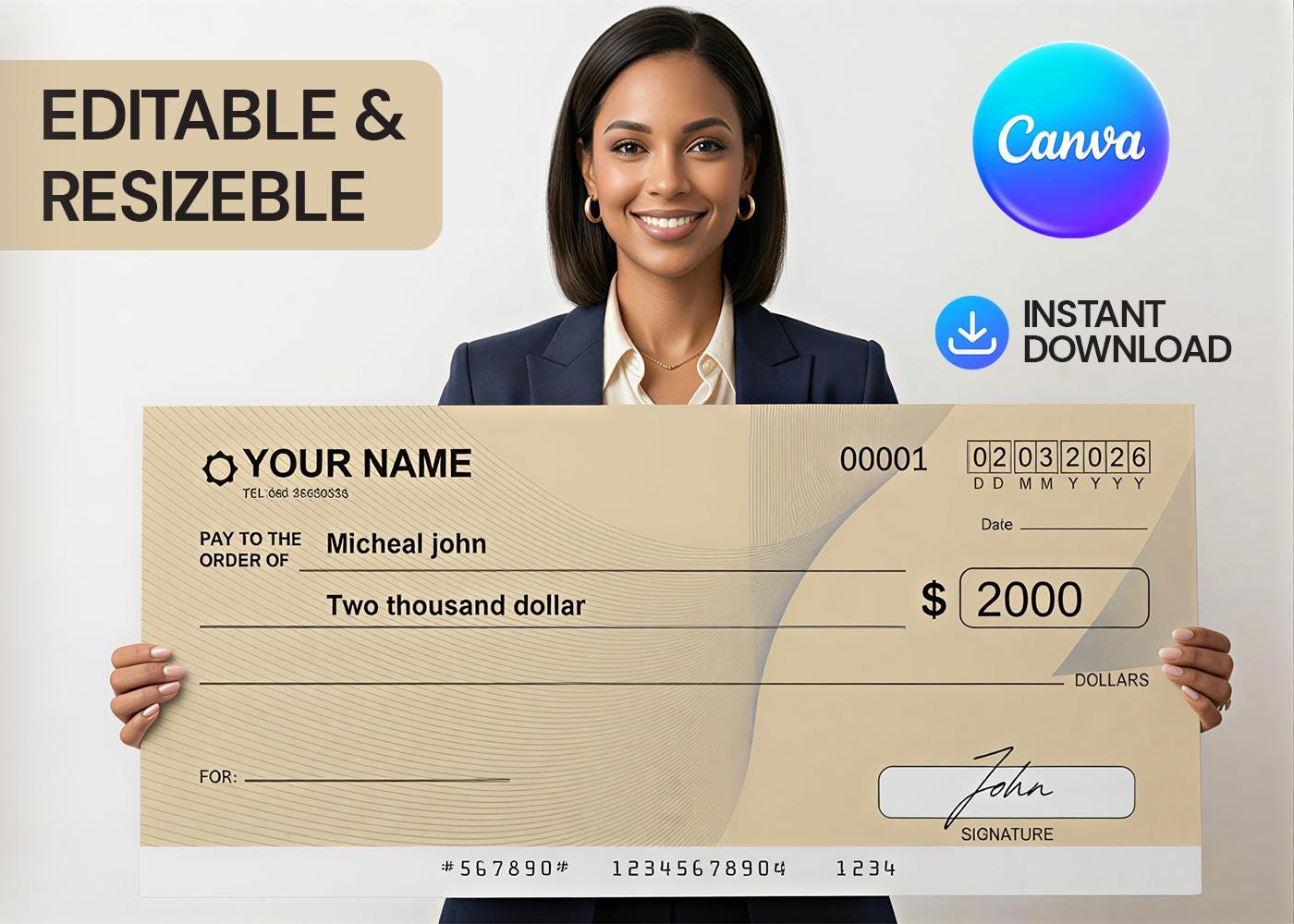 Pretty Cheque Template Editable Business Cheque Template Canva | Printable Bank Check Design ...
