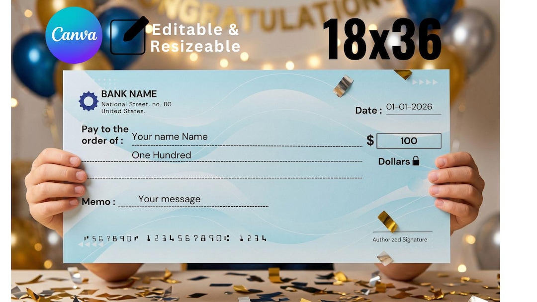Prop Cheque Editable Blue Large Canva Check Template, Modern Business Cheque Design ...