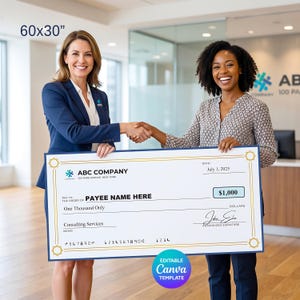 May include: A large, rectangular presentation cheque measuring 60x30 inches. The white cheque features a blue border, the ABC Company logo, the date July 1, 2025, the amount of $1,000, a signature line, and placeholders for payee name and memo.