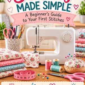 Può includere: Una copertina di libro intitolata Sewing Made Simple: A Beginner's Guide to Your First Stitches. Presenta una macchina da cucire bianca, pile di tessuti floreali, un metro a nastro rosa, rocchetti di filo, forbici e un puntaspilli con spilli colorati.