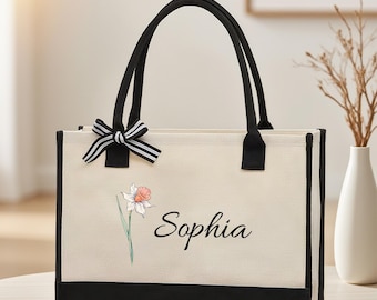 Personalized Birth Flower Tote Bag, Custom Canvas Gift