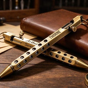 May include: Two brass-toned mechanical pens with a perforated barrel design and a bolt-action mechanism. One pen features the name THORNE engraved on the side, while the other displays the names Arthur and Soren. Both pens include a metal ring.