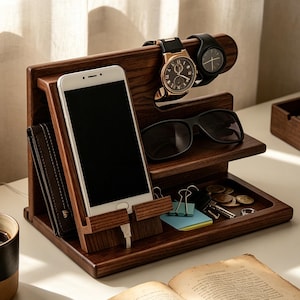 Op de afbeelding: Een bureau-organizer van donkerbruin hout met een verticale standaard voor een smartphone inclusief oplaadkabelgleuf, een plank voor twee polshorloges, een richel voor een zonnebril en een platte basis voor munten en kleine voorwerpen.