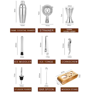 May include: A collection of stainless steel bar tools, including a cocktail shaker, strainer, double jigger, ice muddler, ice tongs, corkscrew, liquor pourer, bar spoon, and a wooden stand. Measurements are provided in centimeters.