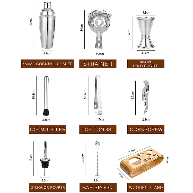 May include: A collection of stainless steel bar tools, including a cocktail shaker, strainer, double jigger, ice muddler, ice tongs, corkscrew, liquor pourer, bar spoon, and a wooden stand. Measurements are provided in centimeters.