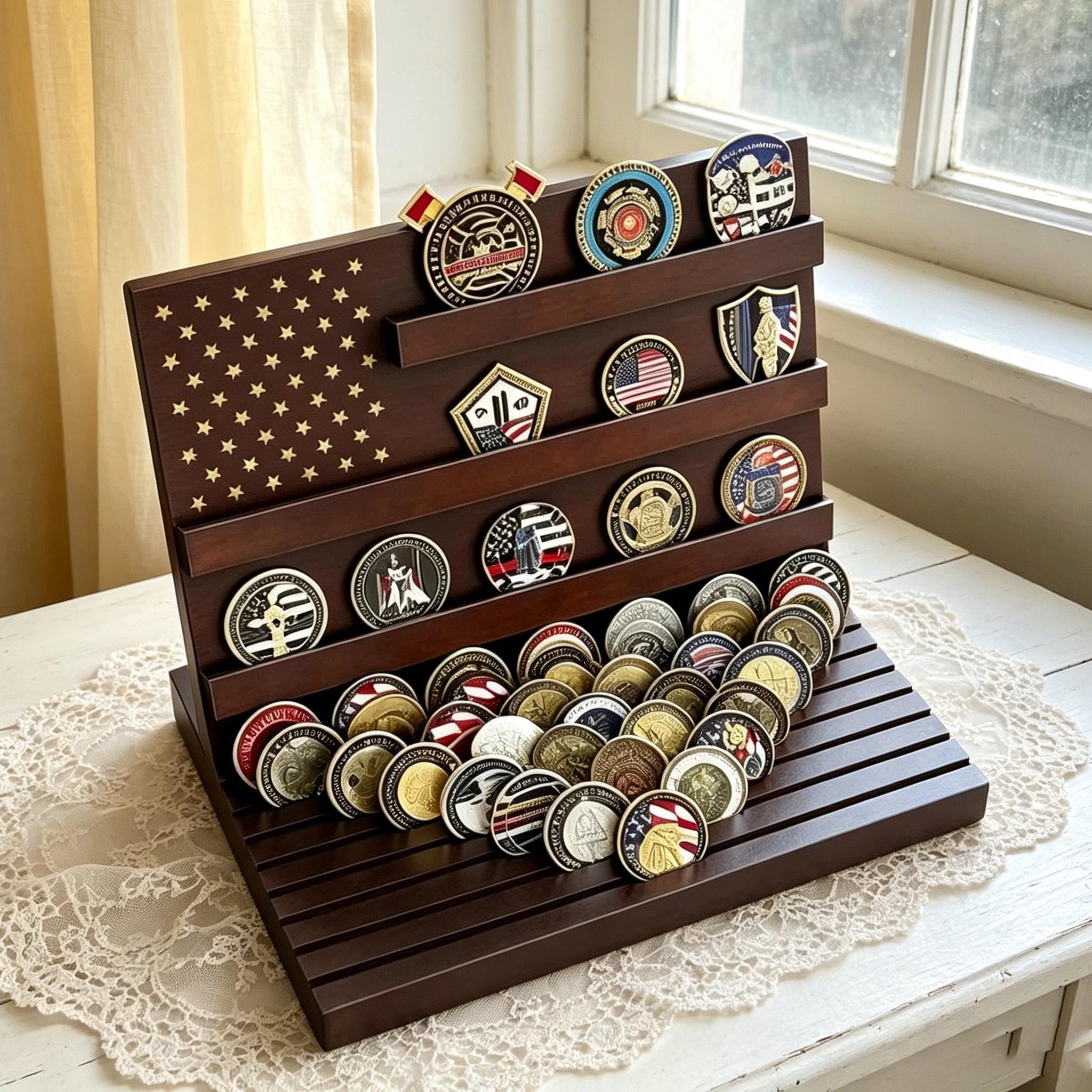 Personalized Wooden Challenge Coin Display Rack, Custom Coin