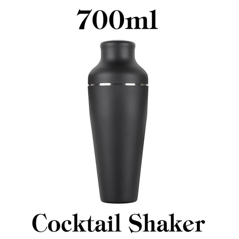 May include: A matte black cocktail shaker with a silver band near the top. The text "700ml" is above the shaker, and "Cocktail Shaker" is below. The shaker has a tapered design and is likely made of metal.
