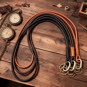 Puede incluir: Tres cordones largos de cuero en negro, marrón oscuro y tostado, cada uno con una sección envuelta en cuero a juego y un anillo ovalado de metal en tono latón unido a una anilla circular para llaves en el extremo inferior.