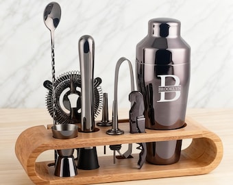 Gegraveerde staal matzwarte cocktail alcohol shaker, gepersonaliseerde custom whisky wijn set, martini barman tools, cadeau voor vader echtgenoot