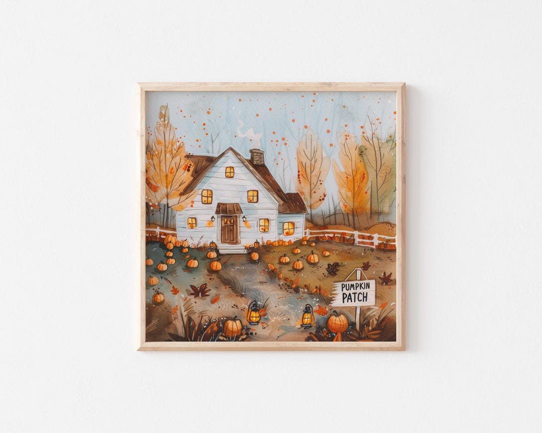 Cozy Autumn Farmhouse Pumpkin Patch Art Poster, Watercolor Cottagecore ...