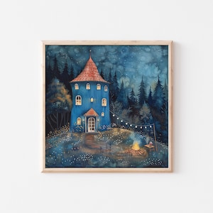 Peut inclure: Peinture à l'aquarelle encadrée d'une tour de conte de fées bleue avec un toit rouge, située dans une forêt sombre. Un feu de joie et des guirlandes lumineuses illuminent la scène, créant une atmosphère chaleureuse et fantaisiste. L'œuvre est encadrée.