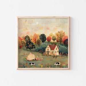 May include: A framed watercolor print of a whimsical countryside scene. The artwork depicts a house with a red roof, surrounded by trees in autumn colors, a greenhouse, and two cows. The sky is a soft blend of yellow and pink.
