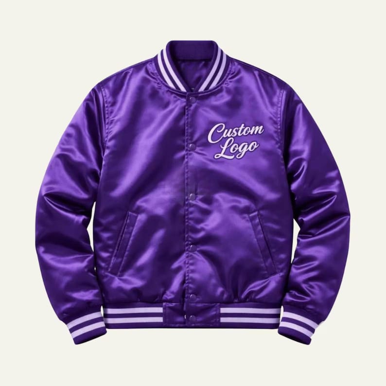Purple Satin Varsity Jacket Personalized Custom Letterman Bomber Unisex image 1