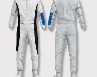 May include: A white racing suit with black accents down the sides and on the shoulders. The suit has a blue patch on the upper arm and is shown from the front and back. The suit has a zipper closure and a collar.