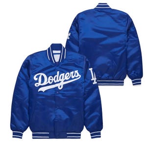 Los Angeles Dodgers Bomberjacke Blauer Satin Baseball Varsity Style, Benutzerdefinierte MLB Letterman Jacke für Männer und Frauen, Perfektes Unisex Geschenk