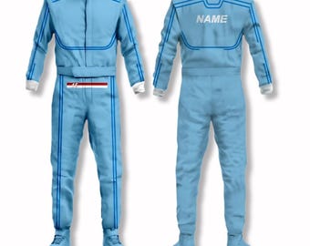 May include: Light blue racing suit with blue stripes and accents. The front of the suit has a red and white stripe with the number "46". The back of the suit has the word "NAME" printed in white. The suit has a zipper closure and matching shoes.