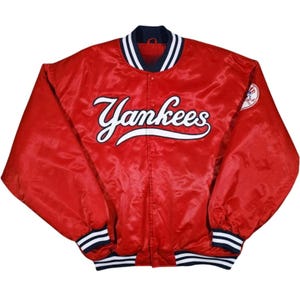 Jaqueta bomber universitária New York Yankees em cetim vermelho – Casaco esportivo de beisebol com botões de pressão