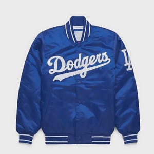 Los Angeles Dodgers Blaue Satin Bomberjacke - Retro MLB Varsity Letterman Mantel, Baseball Oberbekleidung, Unisex Sportliche Fanbekleidung
