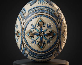 Hand Painted Ostrich Egg Romanian Folk Art, Bucovina Blue Pysanky Collectible Gift