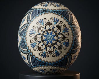 May include: A decorative egg with a cream-colored base, adorned with intricate blue and black floral patterns. The design features a central flower and detailed border elements, creating a unique and artistic appearance.