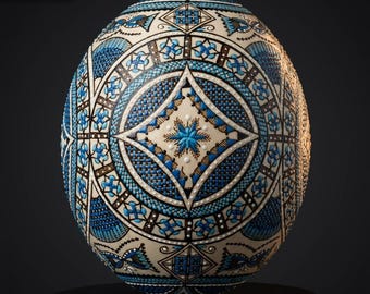 Hand-Painted Blue Ostrich Egg Pysanky | Geometric Romanian Folk Art Collector Piece