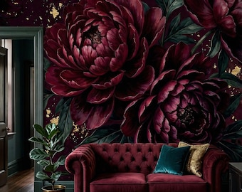 Behang donkere pioenroos – Moody bordeauxrode bloemenmuurschildering, peel and stick
