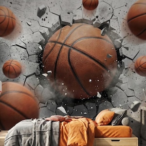 Basketball Wall Mural – Exploding Ball Through Concrete Sports Art