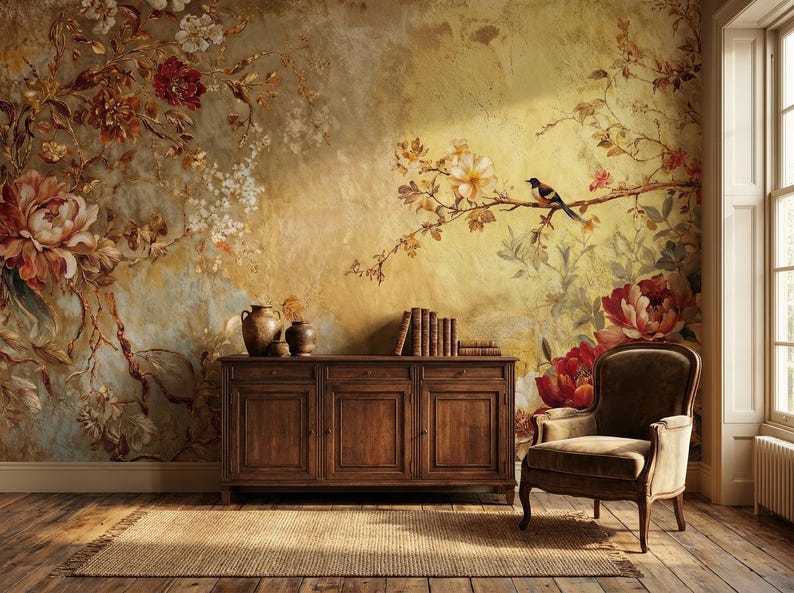 Wallpaper Vintage Peony Floral Mural Golden Bird Branch Bedroom Peel ...