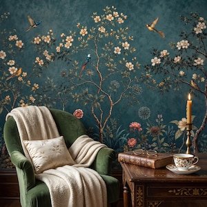 Papel pintado de estilo chinoiserie / Panel decorativo de jardín con pájaros y flores en color verde azulado oscuro / Papel pintado removible