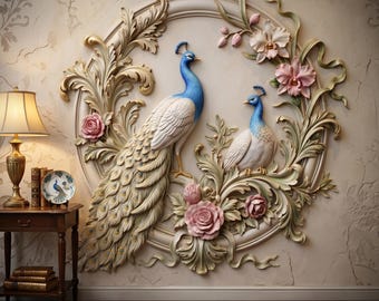 Papel de Parede Floral 3D | Mural em Relevo Barroco com Pavão em Tons de Bege e Azul | Autoadesivo