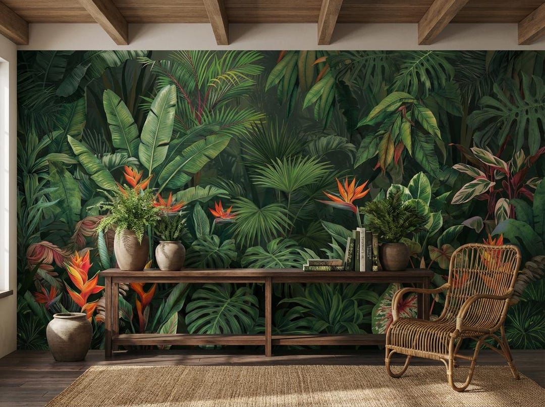 Tropical Botanical Wallpaper With Monstera Palms and Exotic Flowers - Etsy