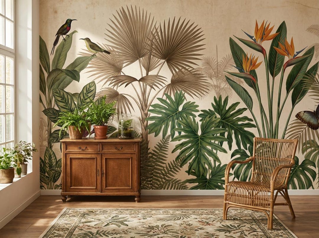 Tropical Botanical Wallpaper Vintage Jungle Style Peel Stick Mural ...