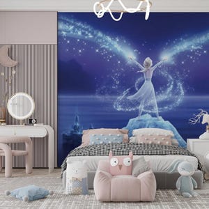 Frozen Elsa Wallpaper – Magical Ice Castle Wall Mural, Starry Night Fantasy, Kids Room & Nursery Princess Decoration