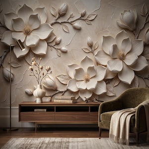 3D-blommotiv – Elegant krämfärgad blommotiv för neutrala interiörer