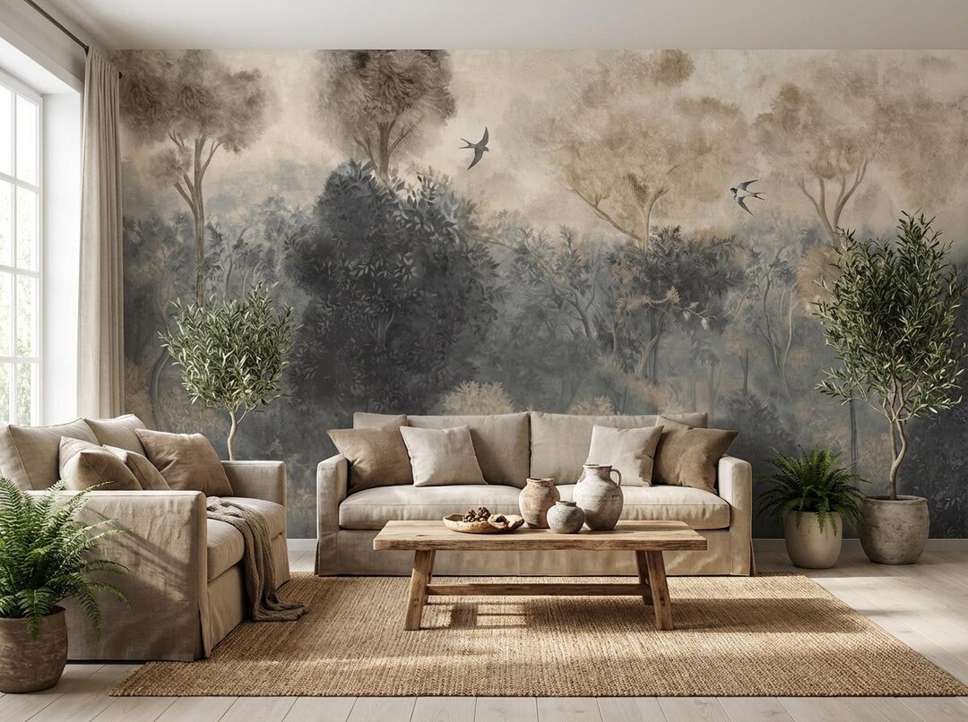 Misty Forest Wallpaper With Soft Trees and Flying Birds Illustration - Etsy