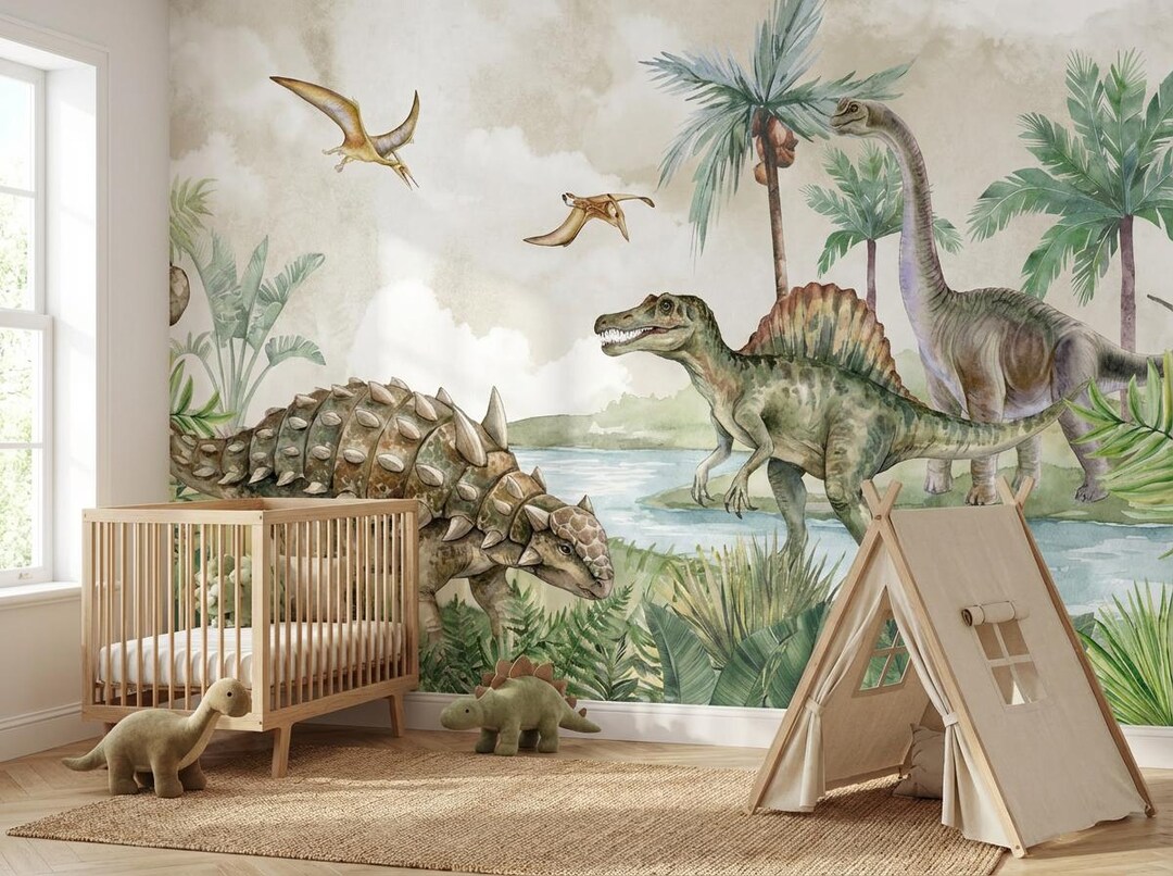 Dinosaur Jungle Mural – Watercolor Prehistoric Wall Art for Kids Room ...