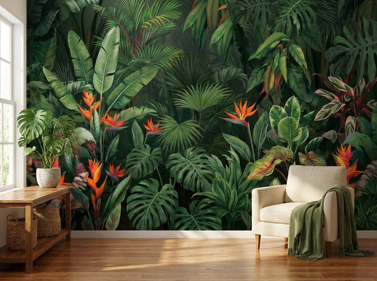 Tropical Botanical Wallpaper With Monstera Palms and Exotic Flowers - Etsy