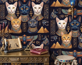 Papel pintado oscuro / Mural de jeroglíficos de gato egipcio azul marino y dorado / Autoadhesivo