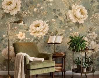 May include: A sage green velvet armchair with a cream knit throw blanket, positioned next to a brass floor lamp. A wooden side table holds an open book and a stack of books, while a tiered metal plant stand displays three potted green plants.